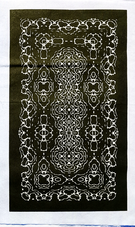 Photo of screen print of Video feedback generated tarrot card graphic representing four Arcana by Merlyn Chipman