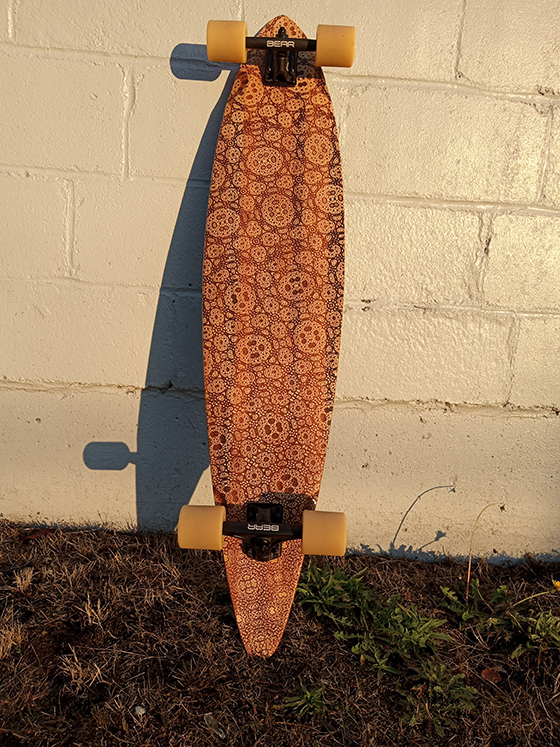 Landyachts Condore pin tail longboard with custom design by Merlyn Chipman